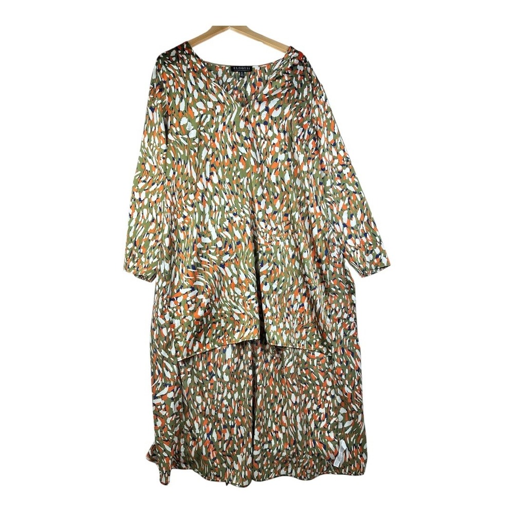Eloquii Satin All Over Print Long Sleeve Hi-Low Dress size 18 Green/Orange/White